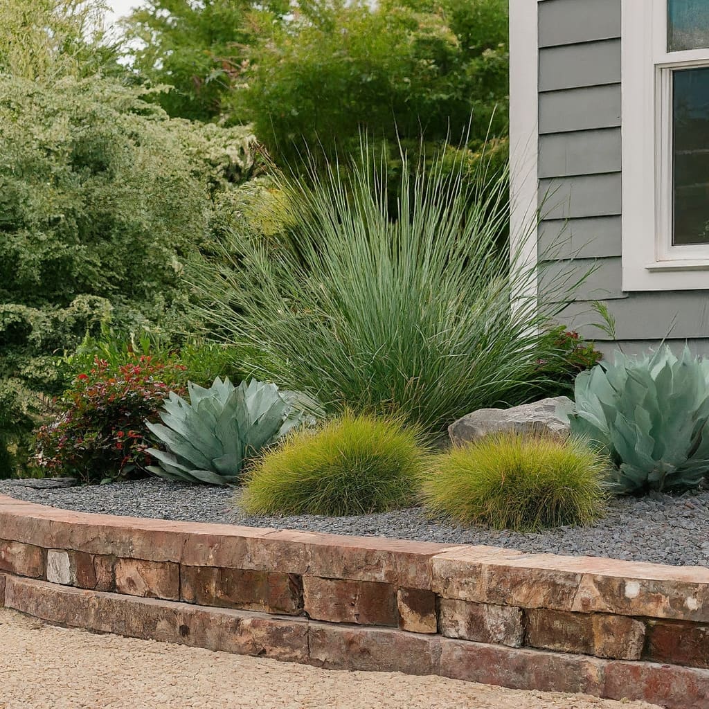 A completed front-yard landscape with a raised brick planter, ornamental grasses, and agave