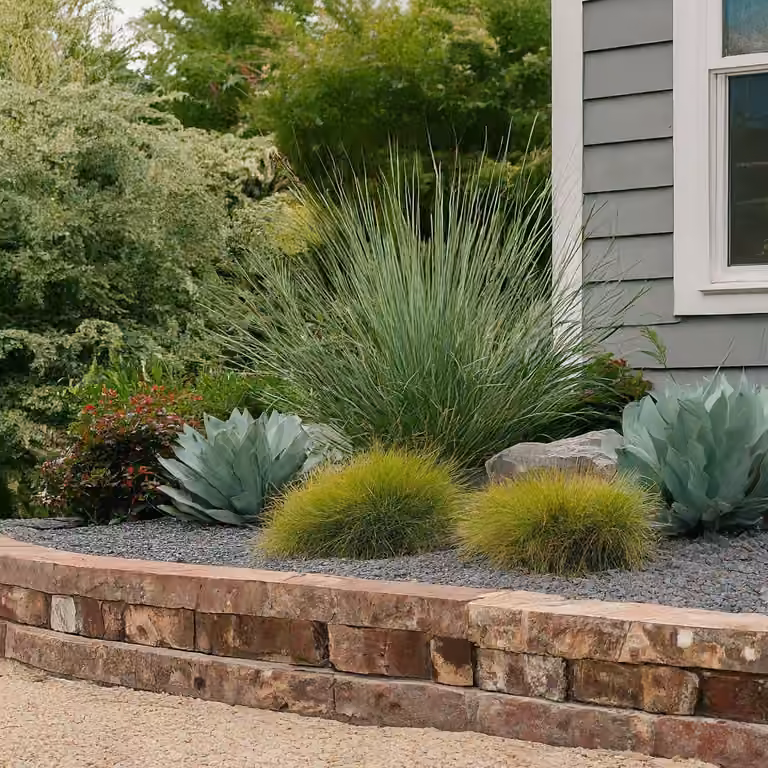 A finished front-yard landscape with a stone walkway, boulders, and mixed plantings