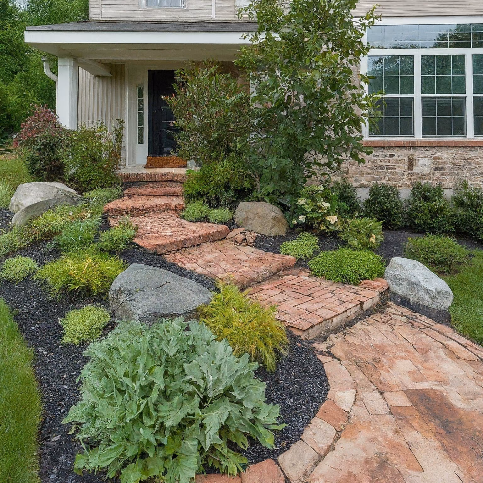 A brick paver walkway bordered by boulders and shrubs leading to a home's entry